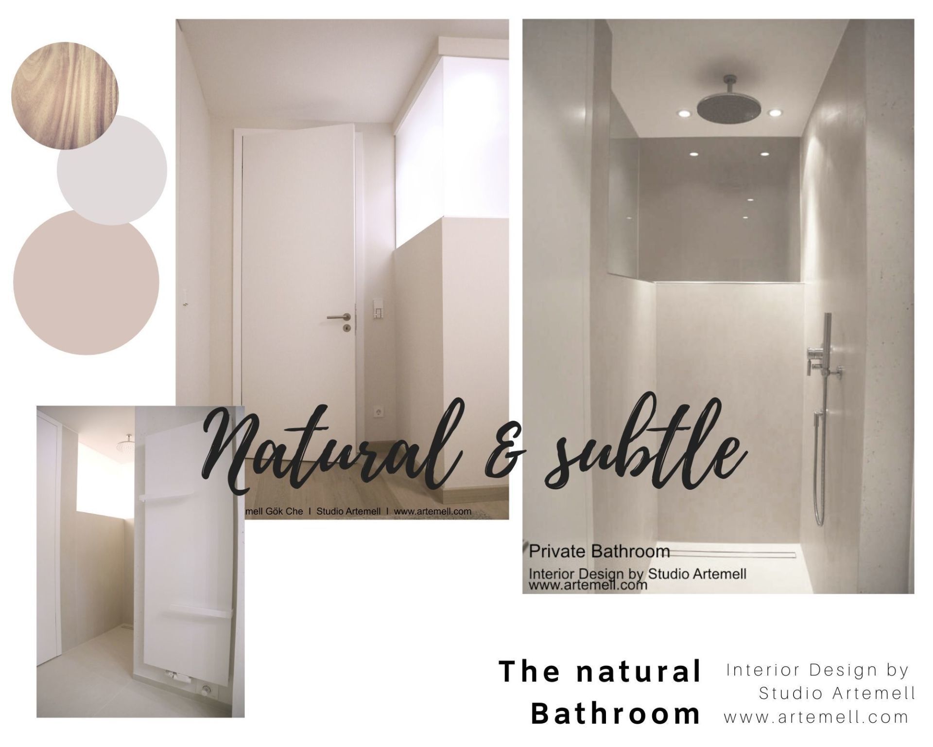 Eine Collage aus Bildern eines Badezimmers mit den Worten natürlich und dezent