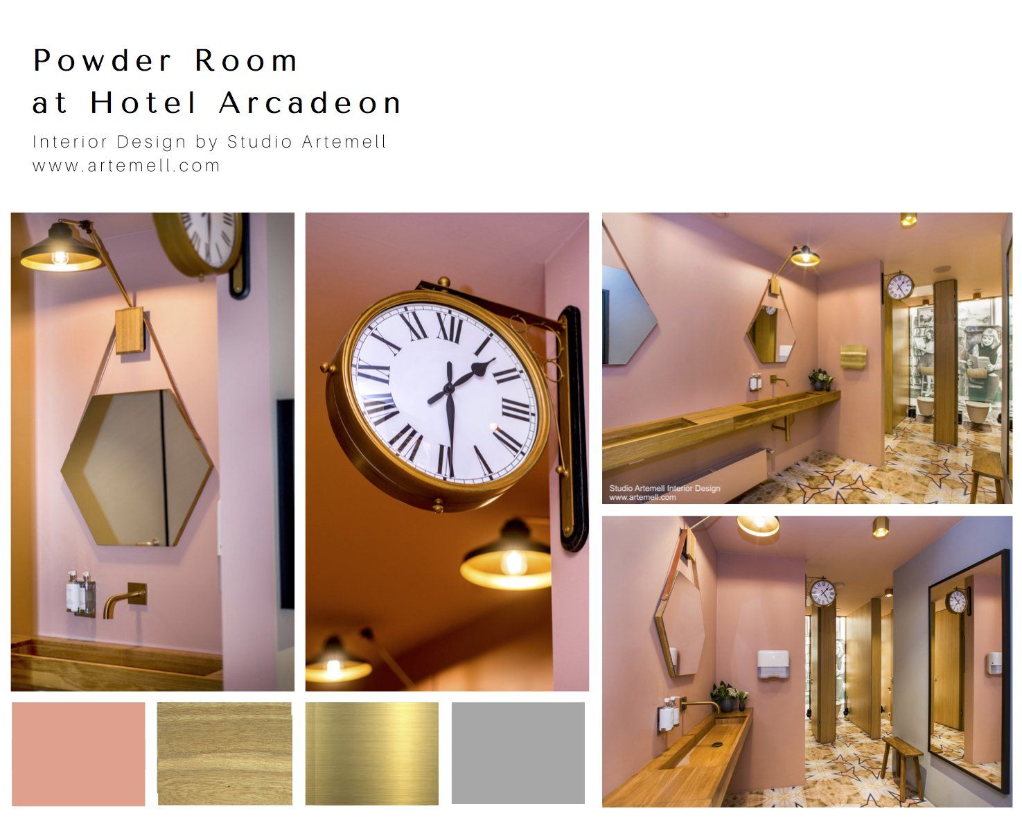 Eine Collage aus Fotos einer Damentoilette im Hotel Arcadeon.