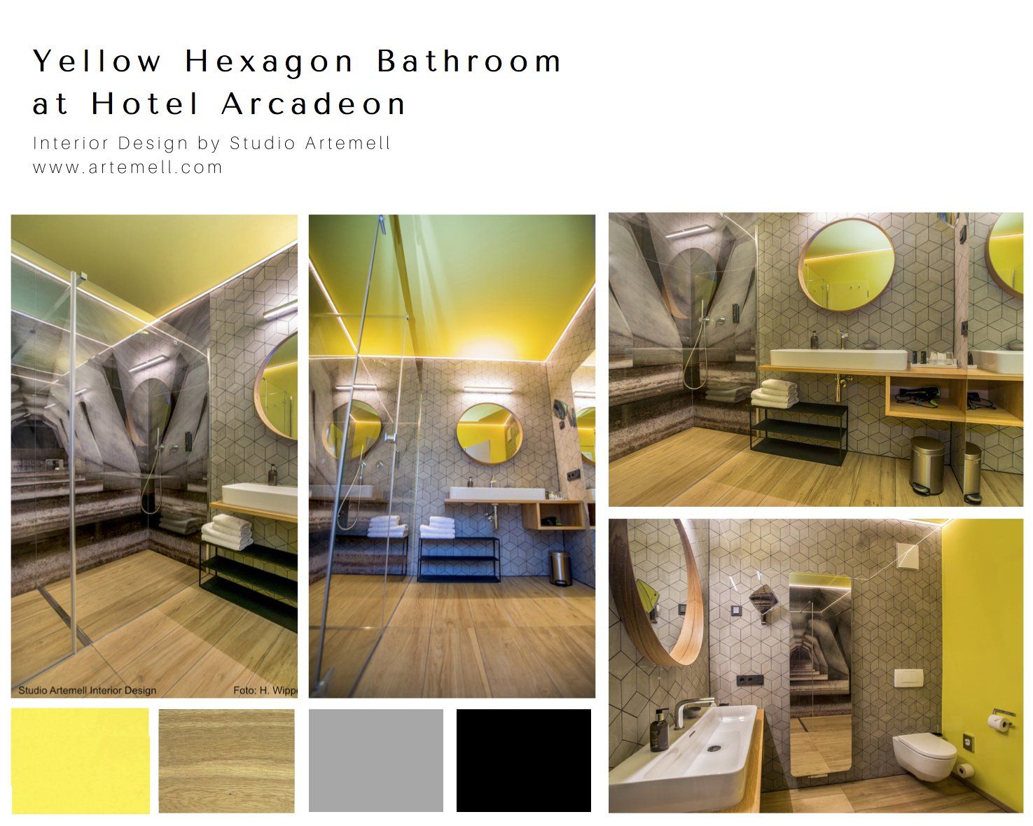 Eine Collage aus Fotos eines Badezimmers im Hotel Arcadeon