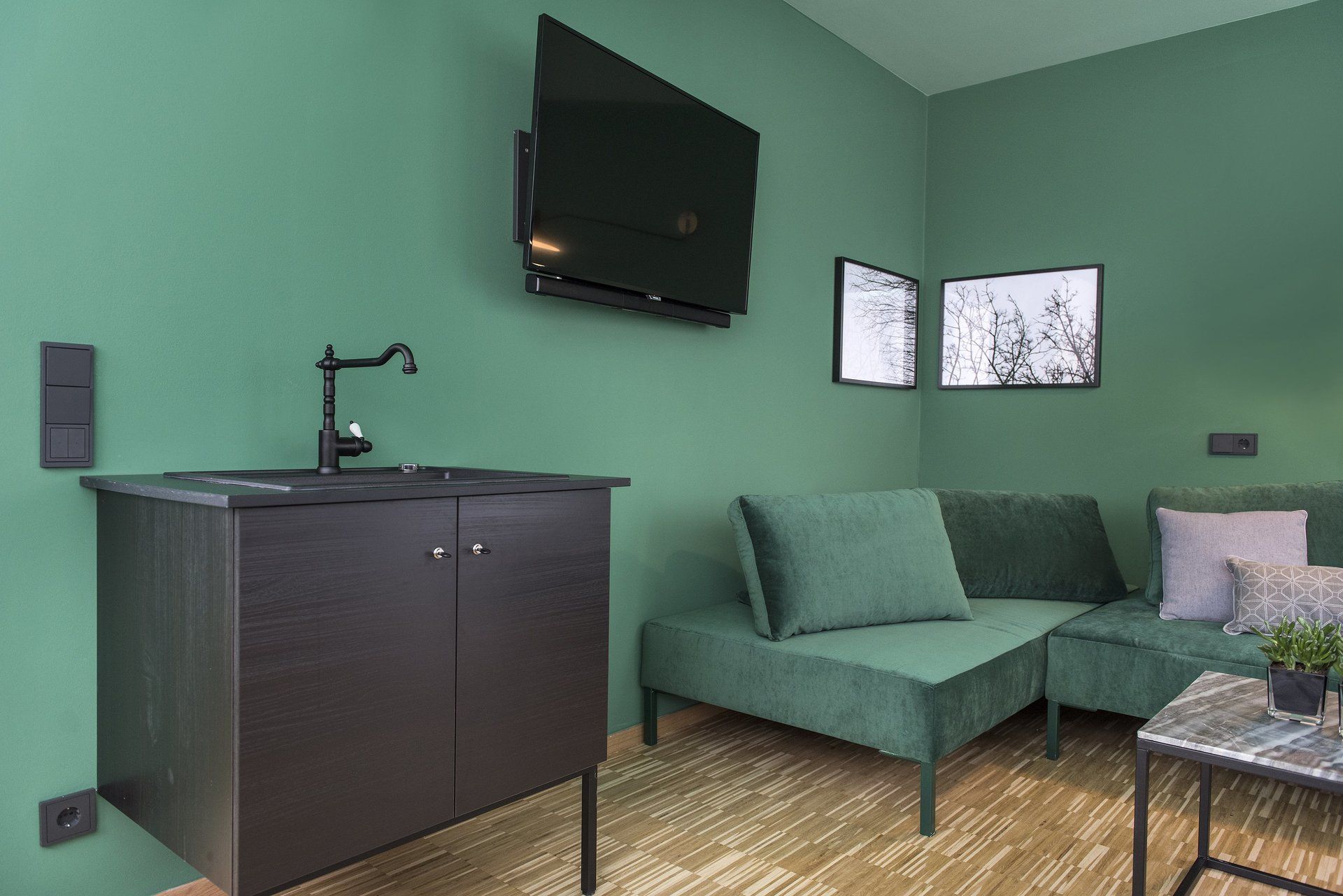 Ein Wohnzimmer mit grünen Wänden, einer Couch, einem Waschbecken und einem Flachbildfernseher.