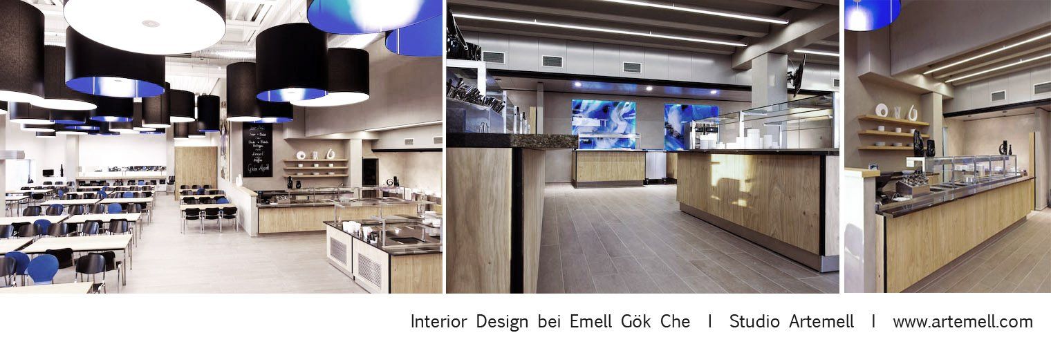 Eine Collage aus drei Bildern eines Restaurants mit einem blauen Licht, das von der Decke hängt.