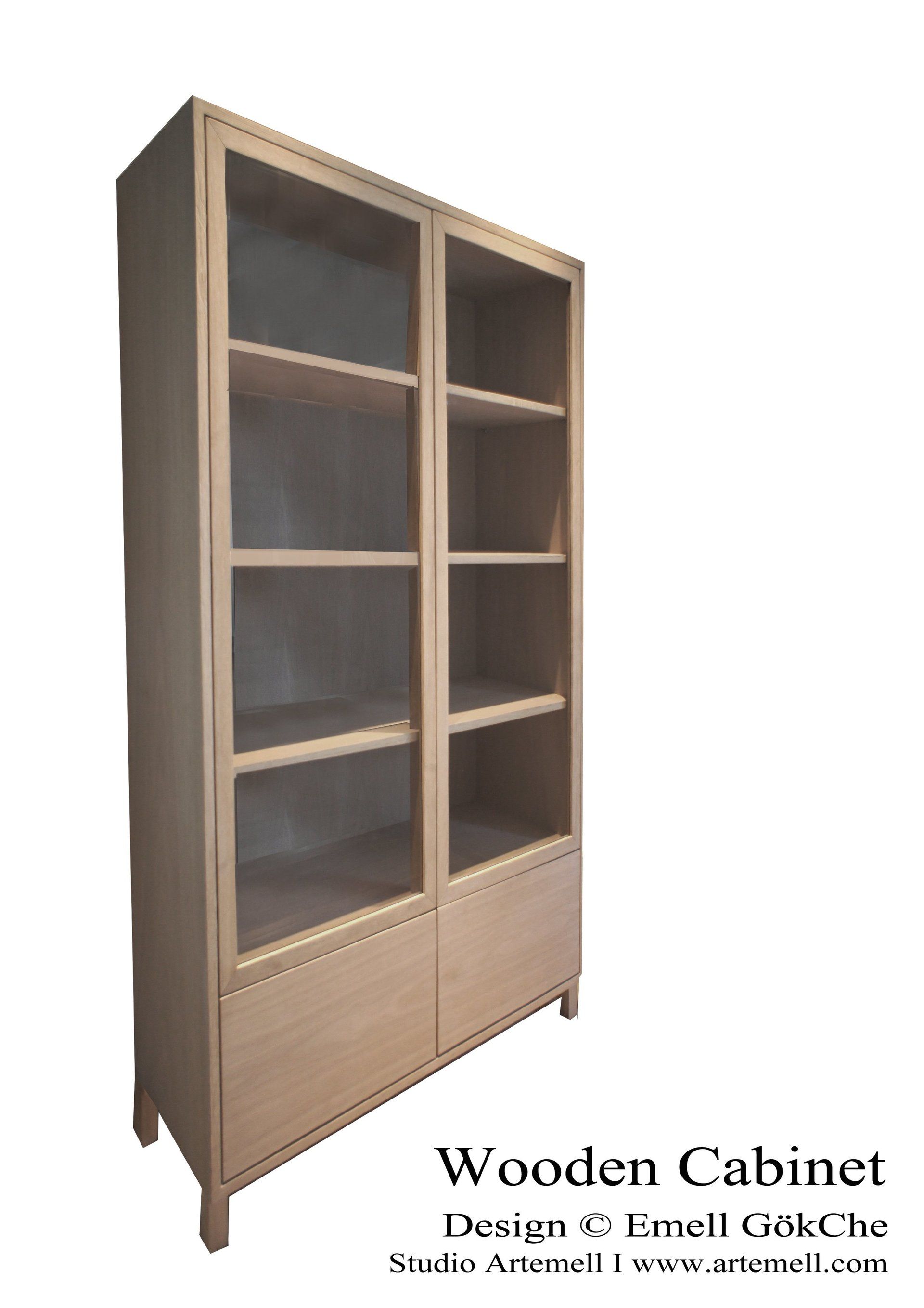 Ein Holzschrank mit Glastüren und Regalen auf weißem Hintergrund.