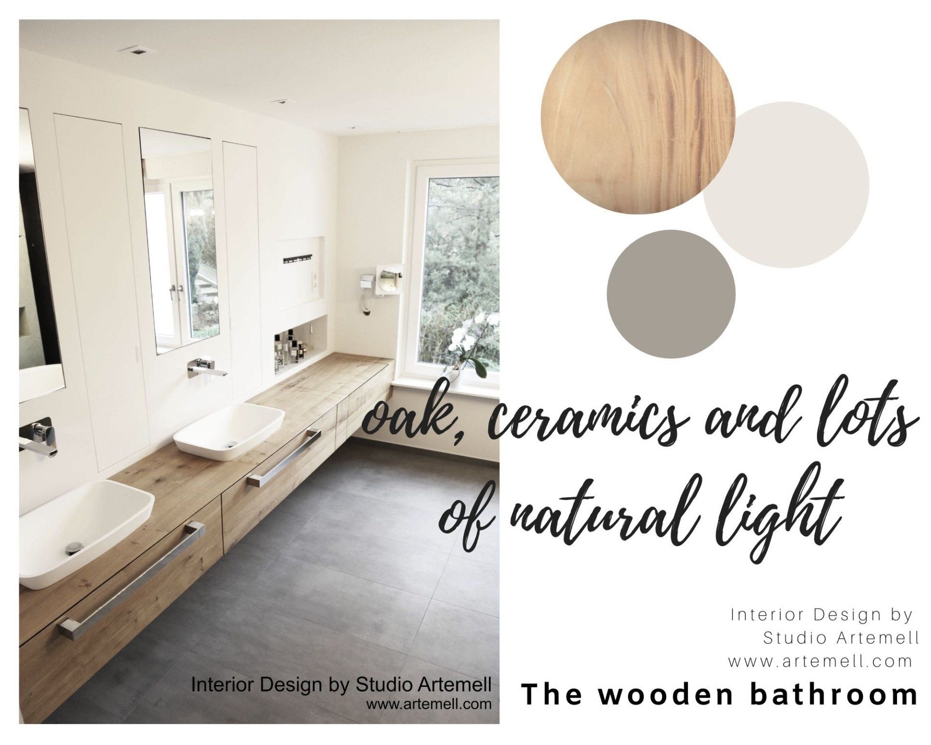 Ein Badezimmer mit Eiche, Keramik und viel Tageslicht.