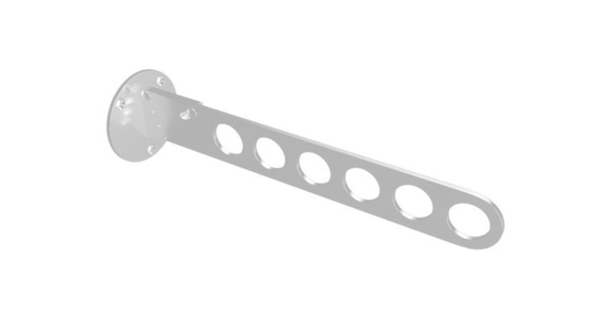 A white clothes rack with holes in it on a white background.