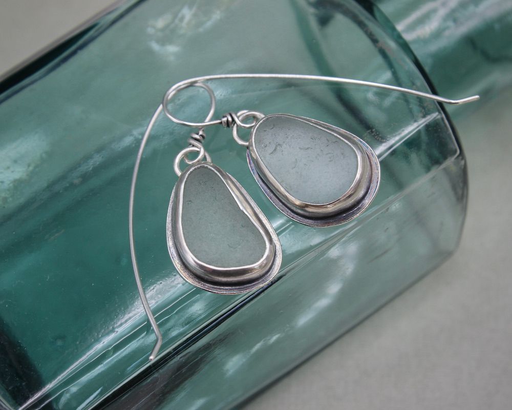 Pale Aqua Blue Sea Glass & Sterling Silver Drop Earrings
