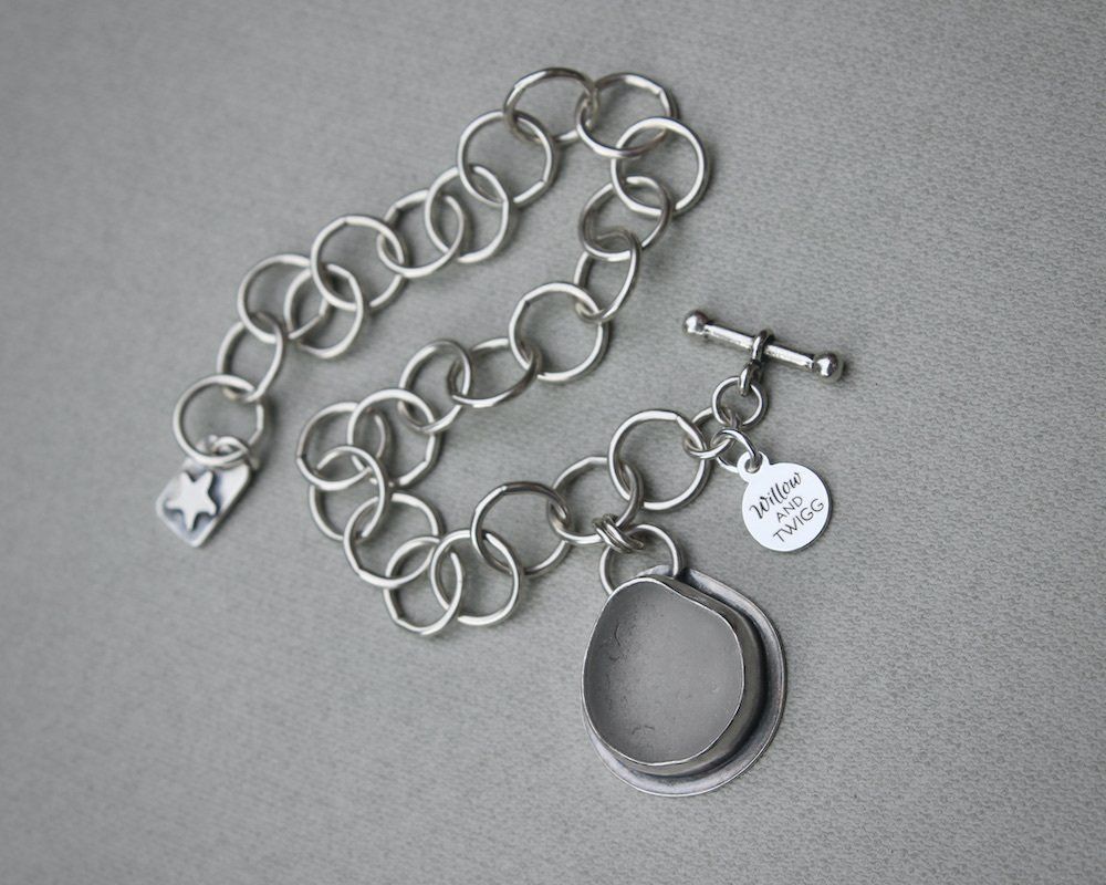 Light Silver Grey Sea Glass Charm Bracelet, Hallmarked