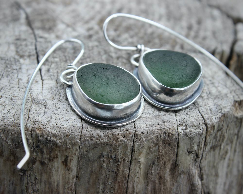 Emerald Green Sea Glass & Sterling Silver Drop Earrings