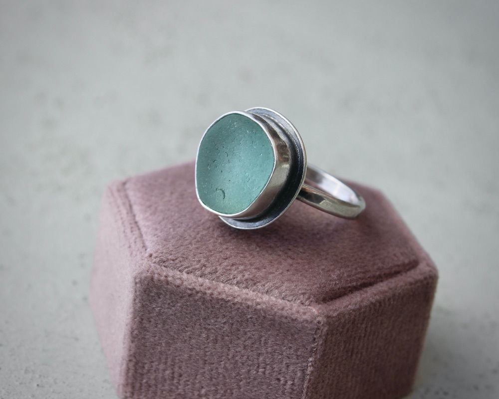 Aqua Sea Glass Ring, UK Size Q