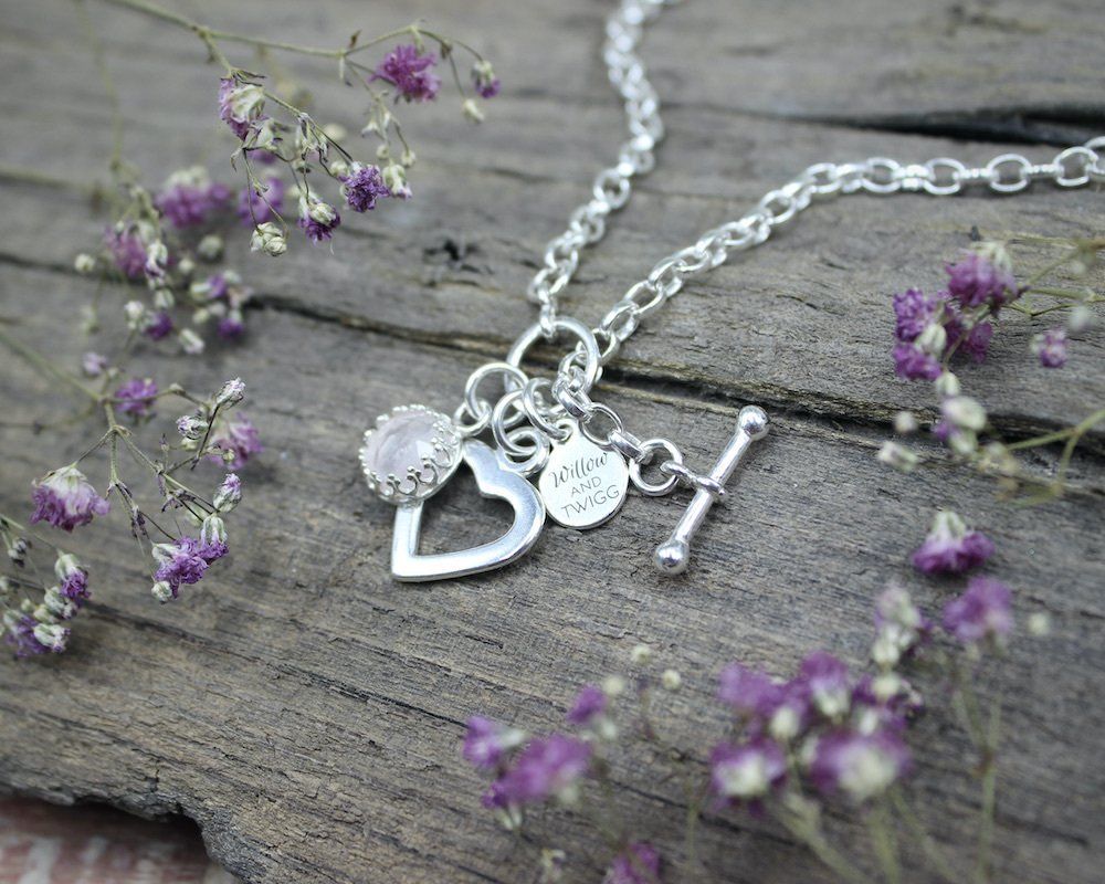 Sterling Silver Open Heart & Rose Quartz Charm Necklace