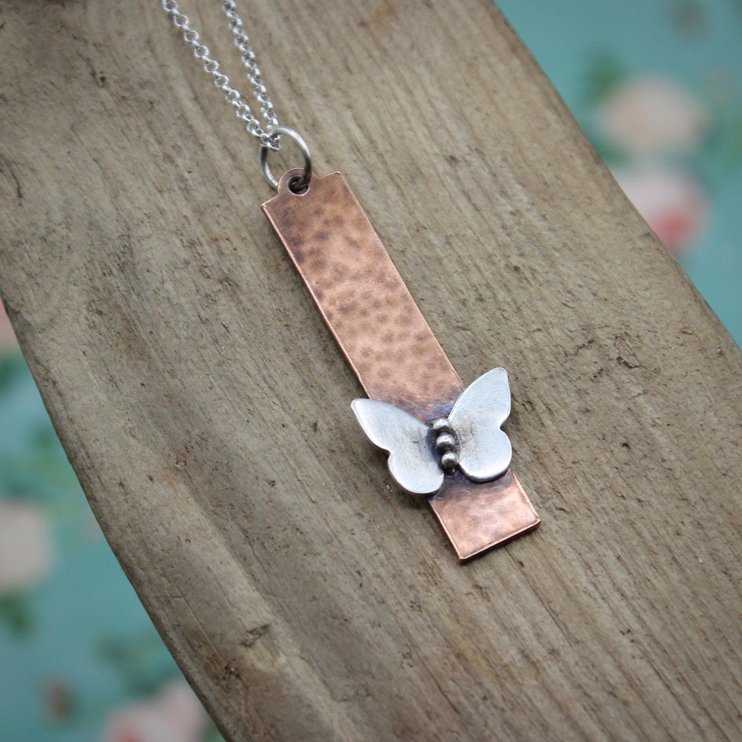 Copper & Sterling Silver Butterfly Pendant Necklace