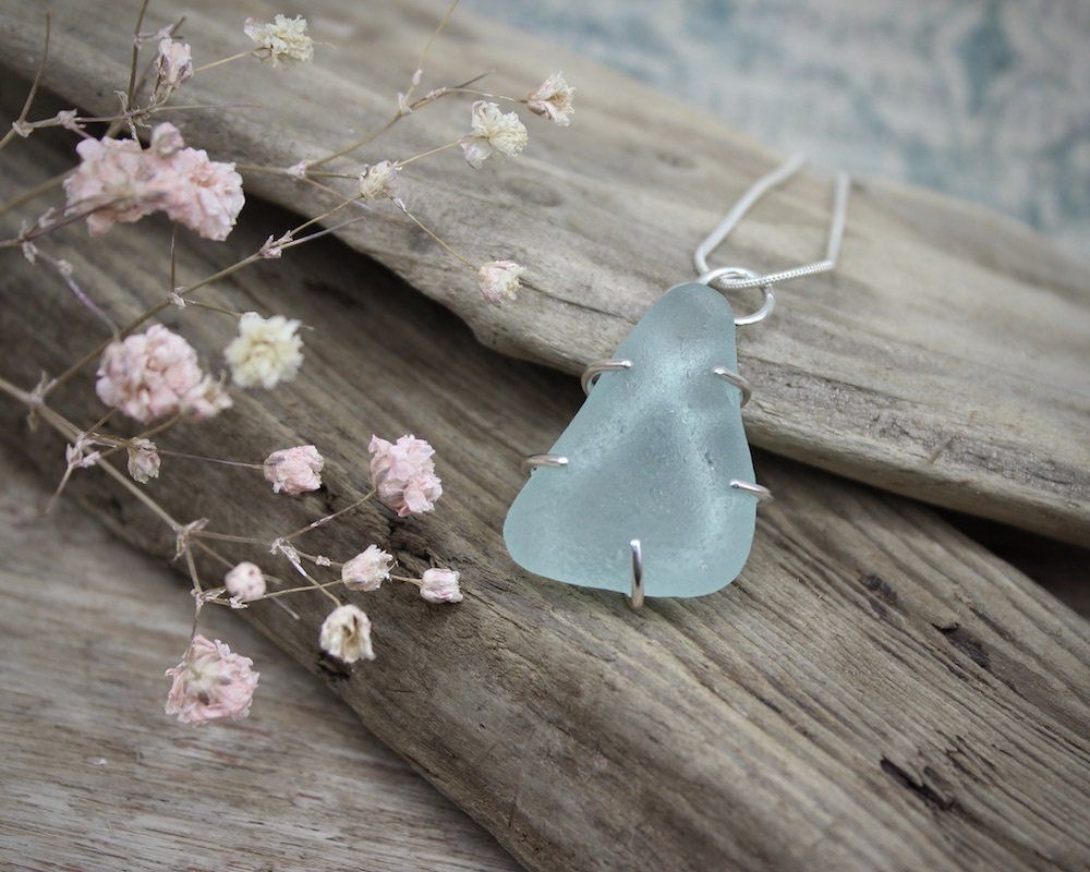 Light Teal Grey Sea Glass Claw-Set Pendant