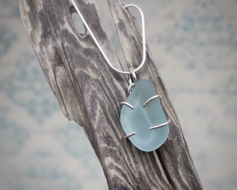 Light Teal Blue Sea Glass Claw-Set Pendant