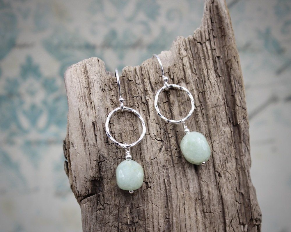Green Aquamarine & Twisted Silver Ring Drop Earrings