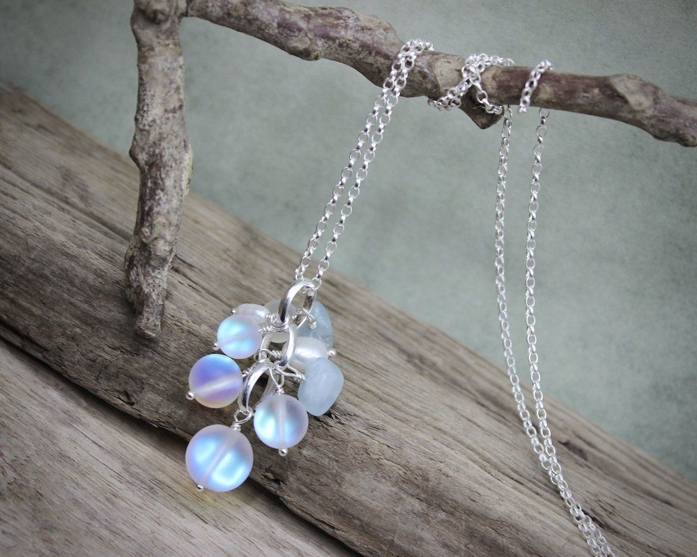 Silver 'Mermaid' Cascading Charm Necklace With Aquamarine & Pearls