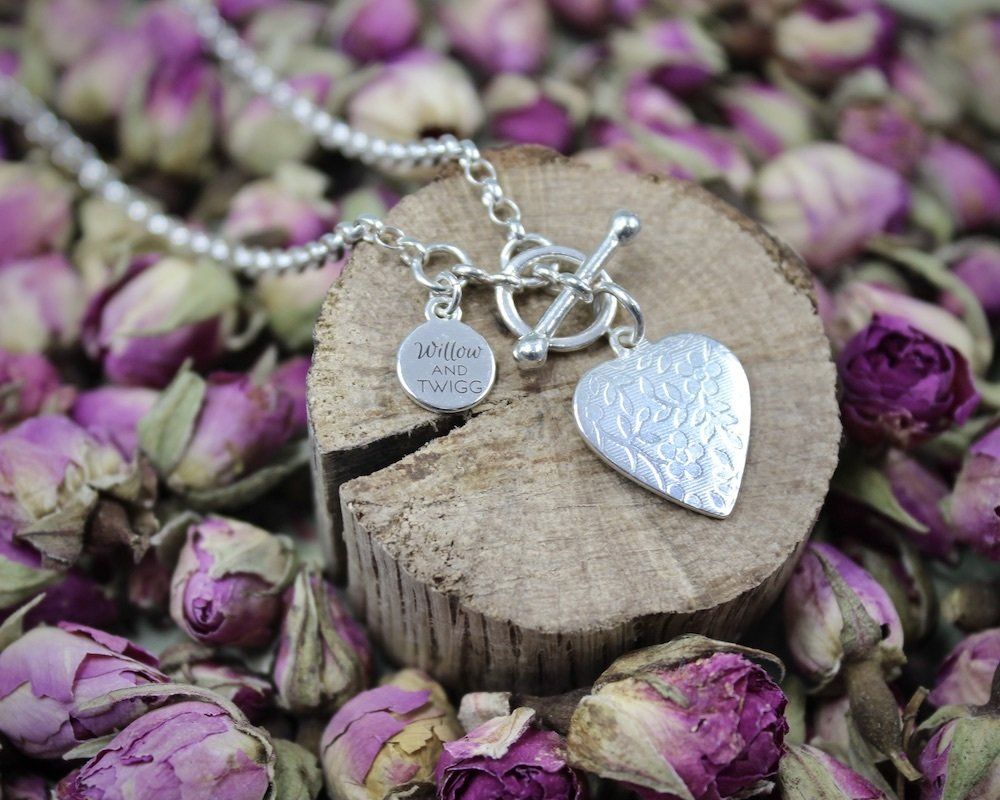 Large Floral Embossed Silver Heart Charm Necklace