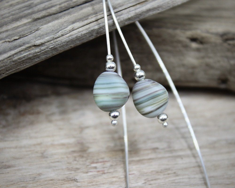 Striped Green Pebble & Argentium Silver Hoop Earrings