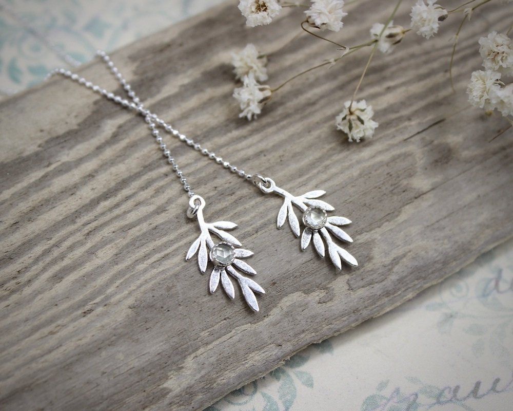 Silver & Green Prehnite Olive Branch Threader Earrings