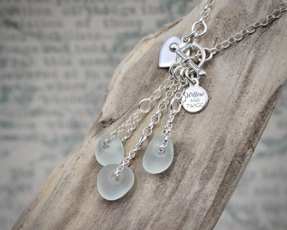 Aqua Sea Glass Cascade Chain Necklace, Hallmarked