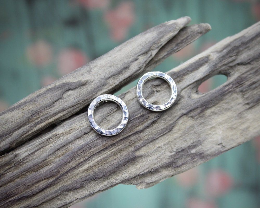Hammered Circle Stud Earrings, Solid Sterling Silver Earrings