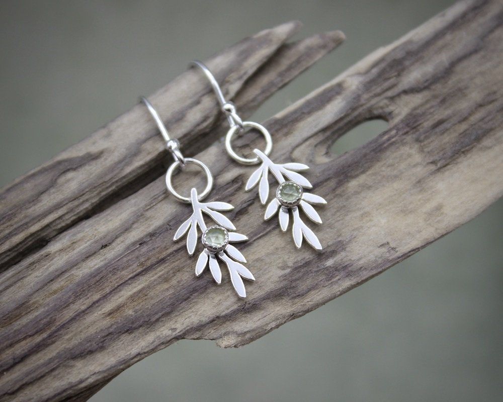 Silver & Green Prehnite Olive Branch Drop Earrings