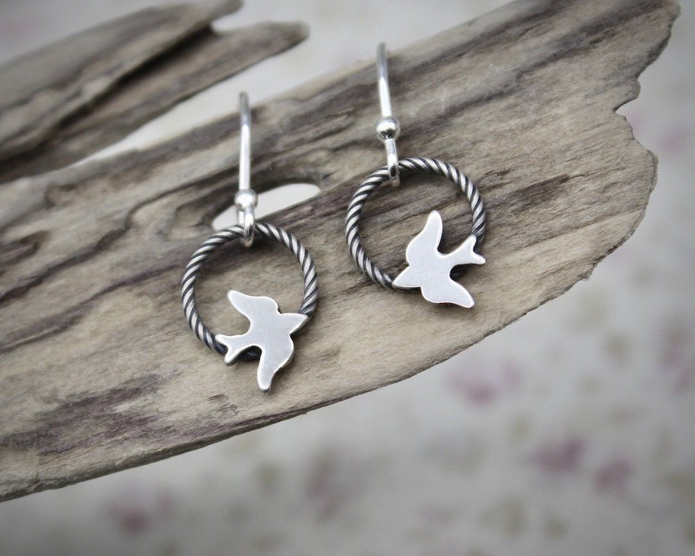 Sterling Silver 'Bird On A Wire' Circular Drop Earrings