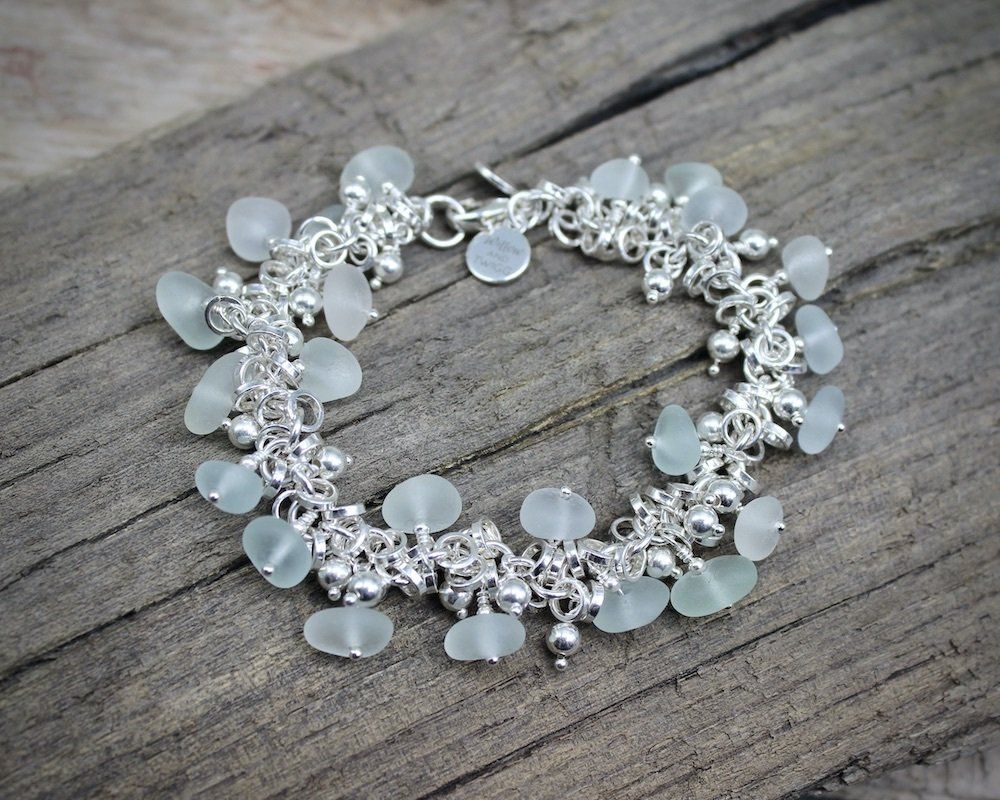 Sea Glass & Sterling Silver Beaded Charm Bracelet, Hallmarked