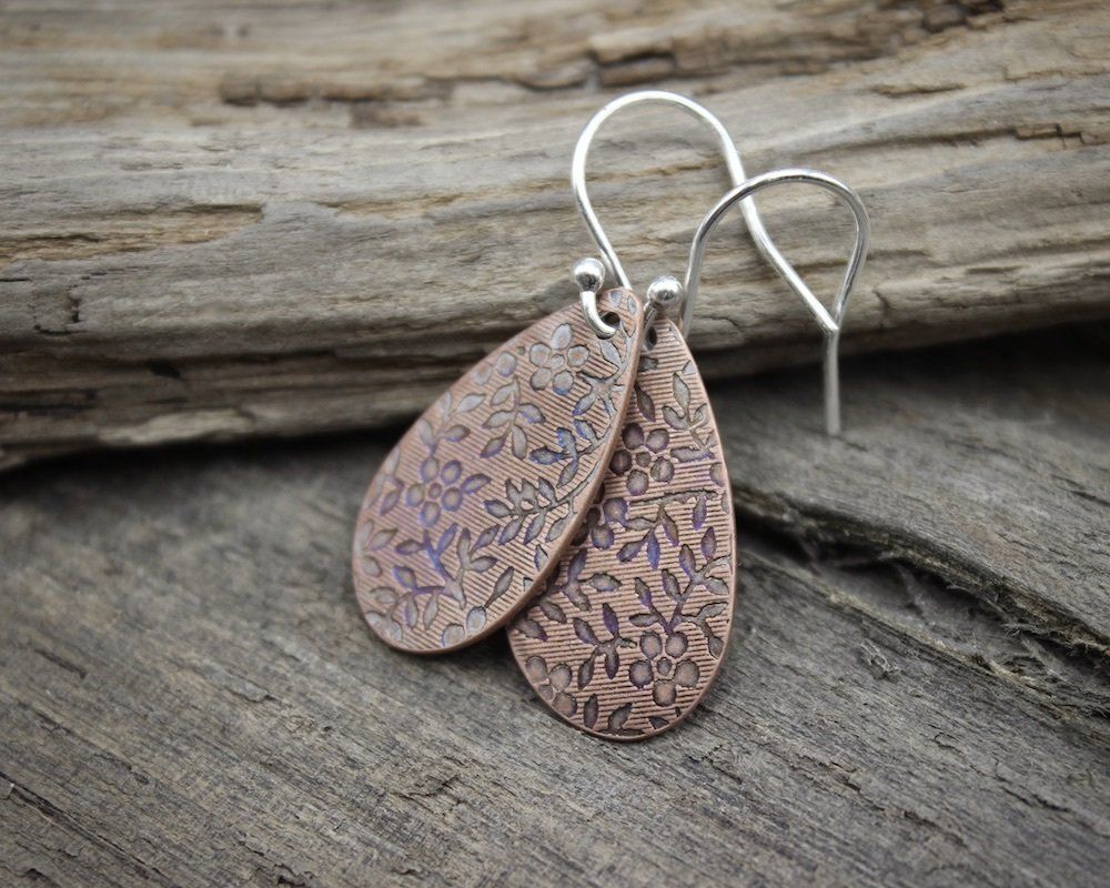 Copper Floral Patterned Teardrop Earrings