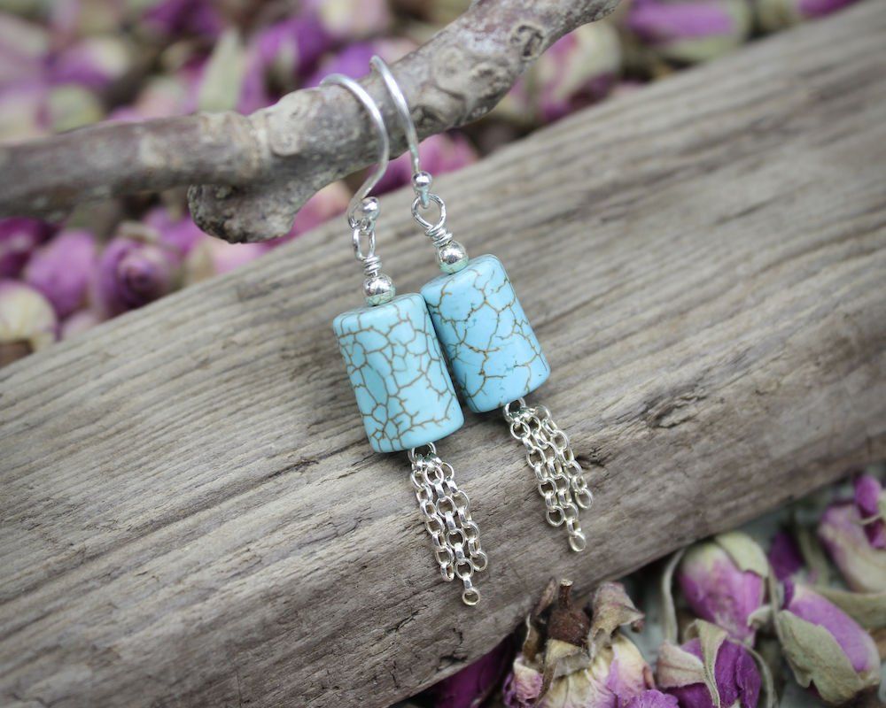 Turquoise & Sterling Silver Cylindrical Tassel Earrings
