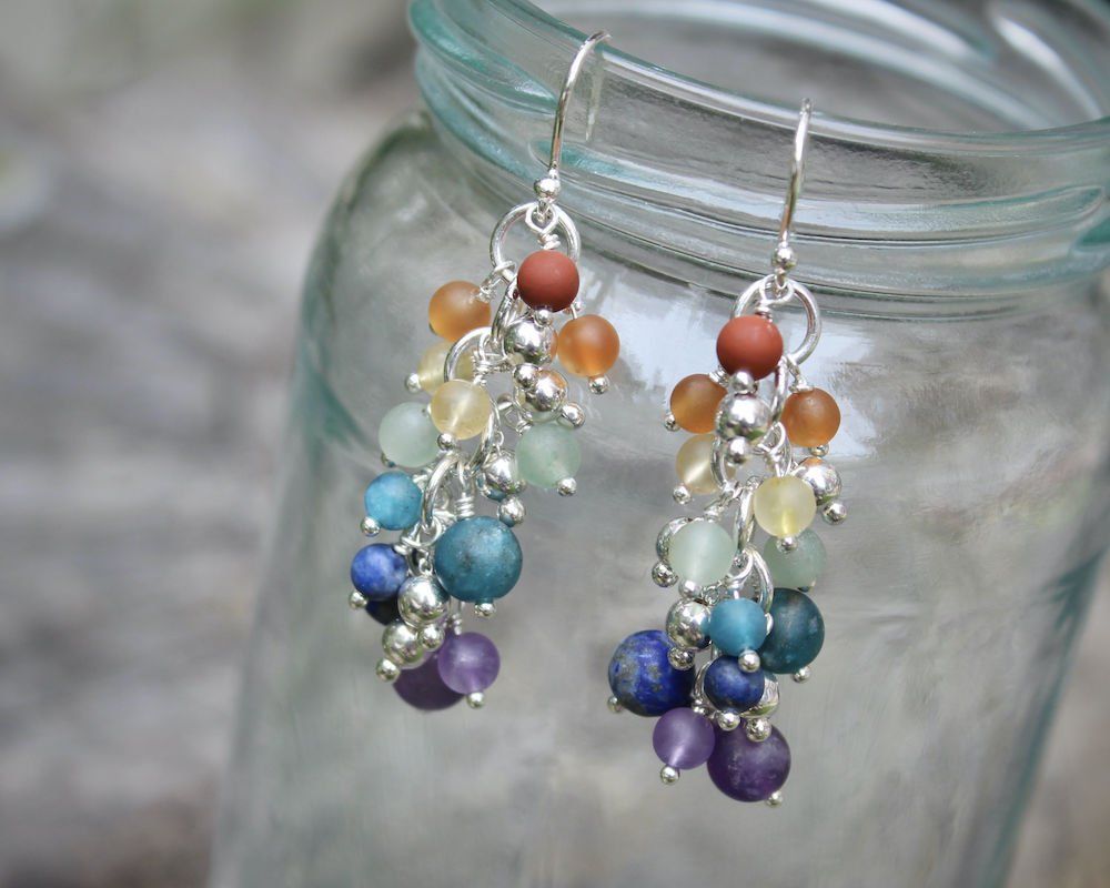 Rainbow Gemstone & Sterling Silver Beaded Chakra Earrings
