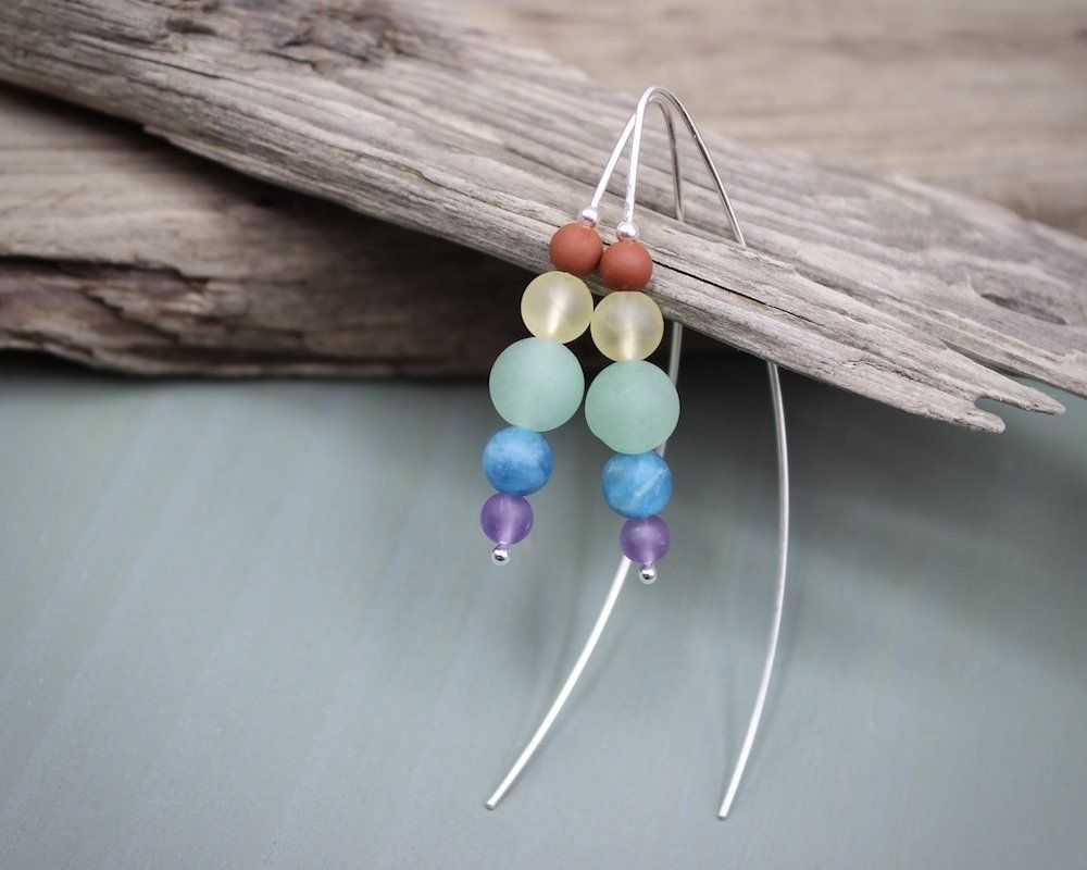 Rainbow Gemstone & Sterling Silver Beaded Hoop Earrings
