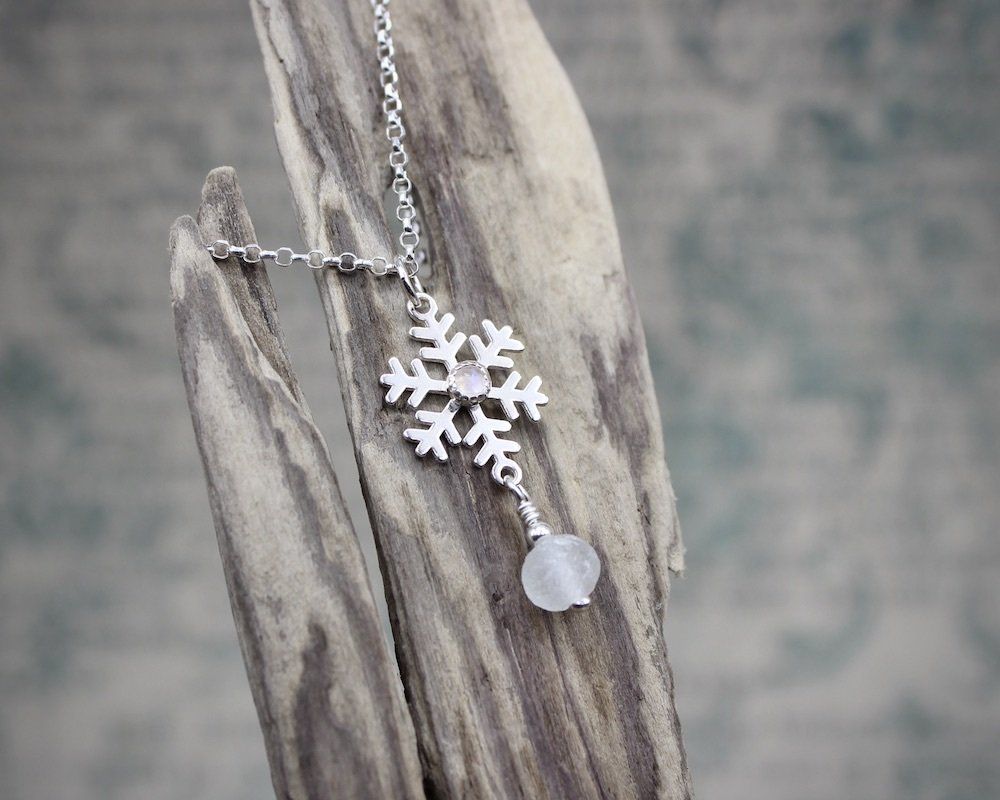Sea Glass & Rainbow Moonstone Snowflake Pendant Necklace