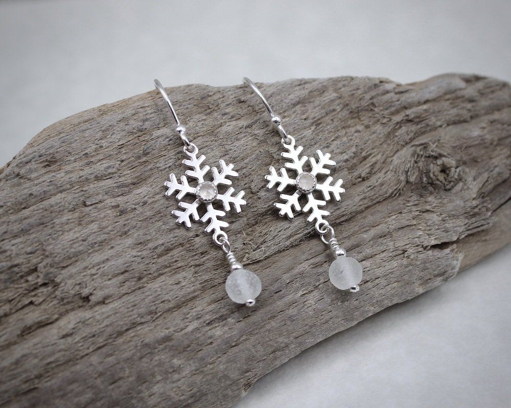 Sea Glass & Rainbow Moonstone Snowflake Earrings