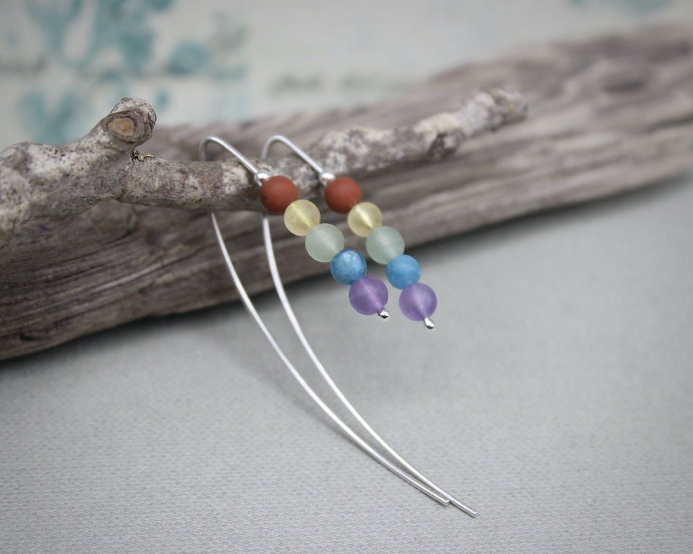 Rainbow Gemstone & Sterling Silver Threader Hoop Earrings (Medium Size)