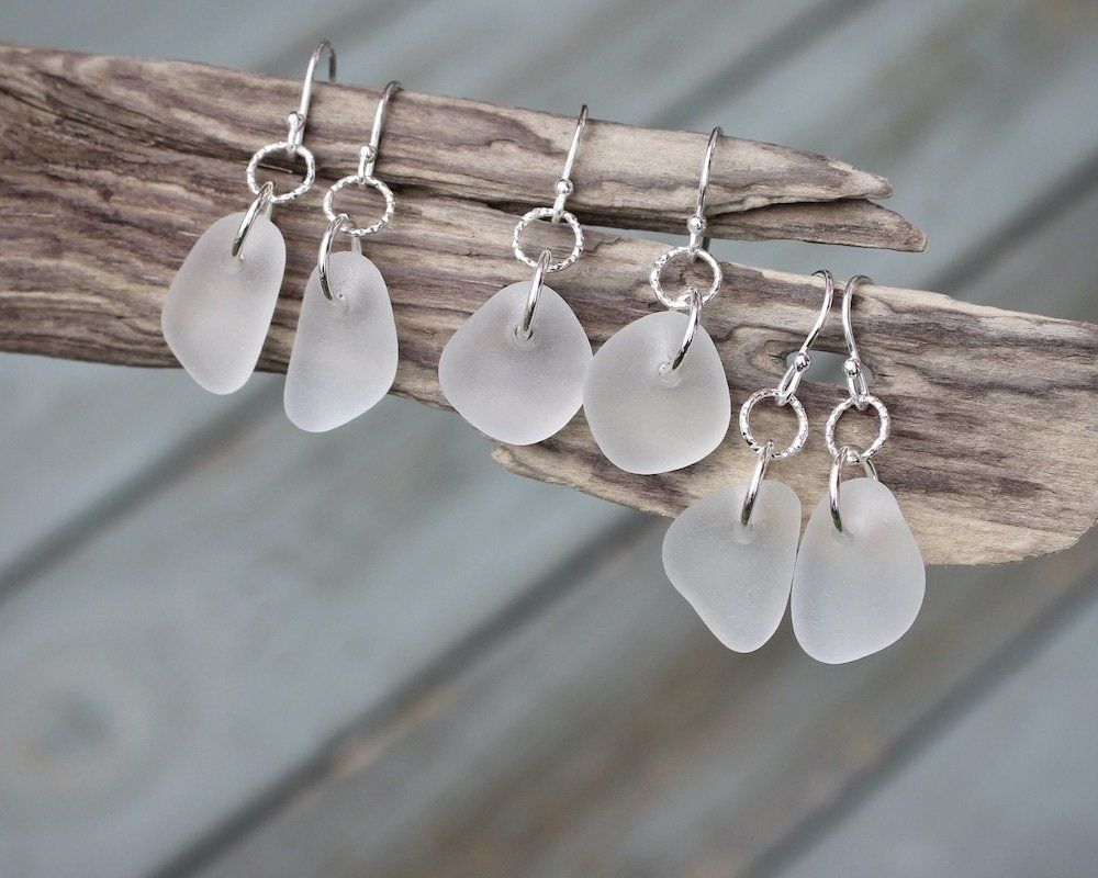 Frosty White Sea Glass Drop Earrings