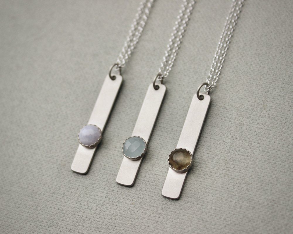 Satin Finish Silver Bar Gemstone Pendant Necklace