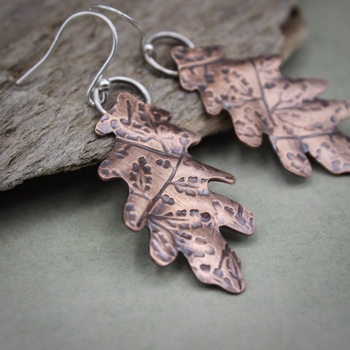 Copper Oak Leaf & Sterling Silver Drop Earrings