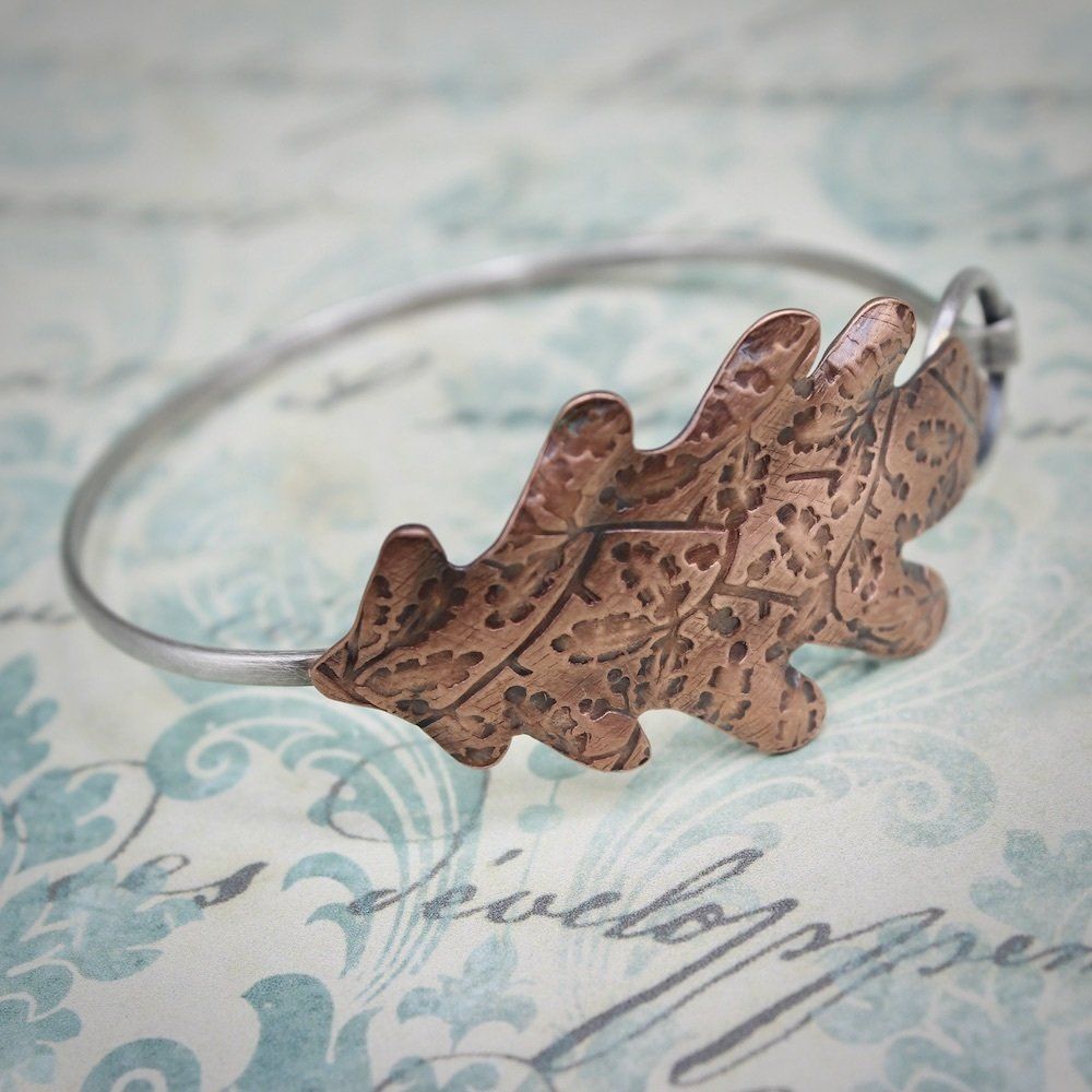 Copper Oak Leaf & Sterling Silver Clasp Bangle