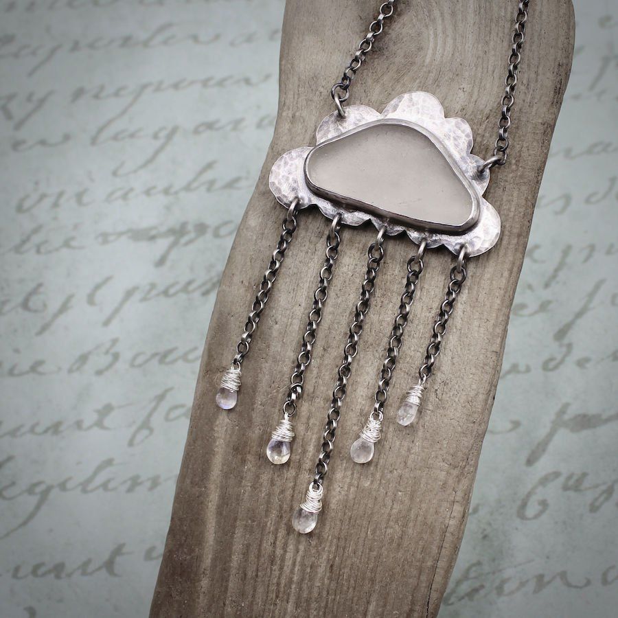 Sea Glass & Moonstone Raincloud Pendant Necklace, Hallmarked