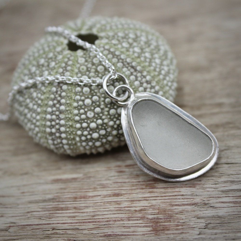 White Sea Glass & Silver Pendant Necklace