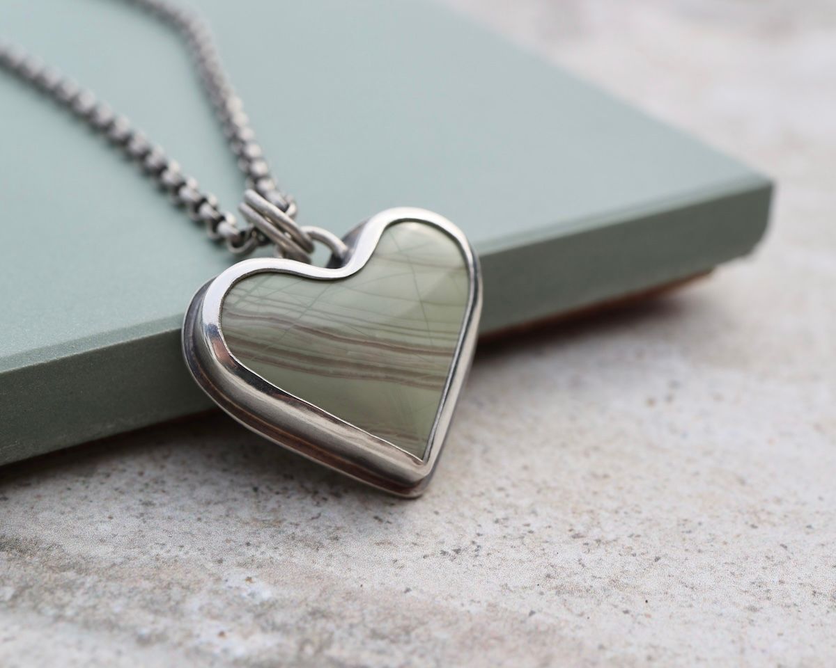 green imperial jasper and silver heart pendant