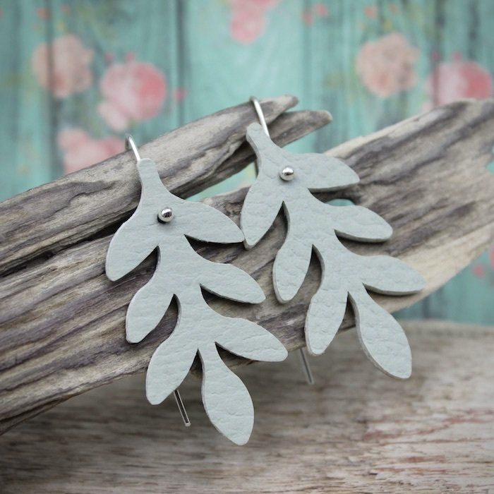 Sterling Silver & Sage Green Faux Leather Contemporary Hoop Earrings