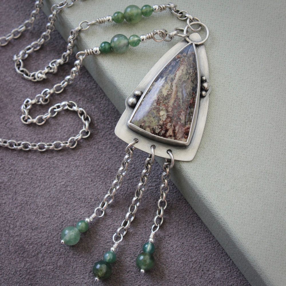 Moss Agate & Silver Arrowhead Statement Pendant, Hallmarked