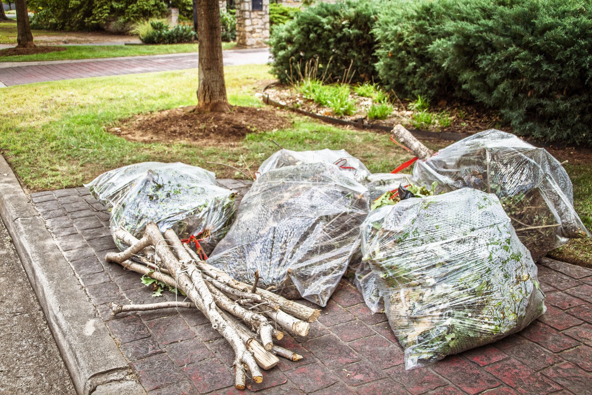 A bunch of bags filled with branches and leaves are sitting on the sidewalk.