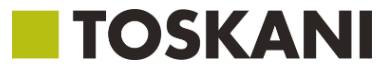 A black and green logo for toskani on a white background