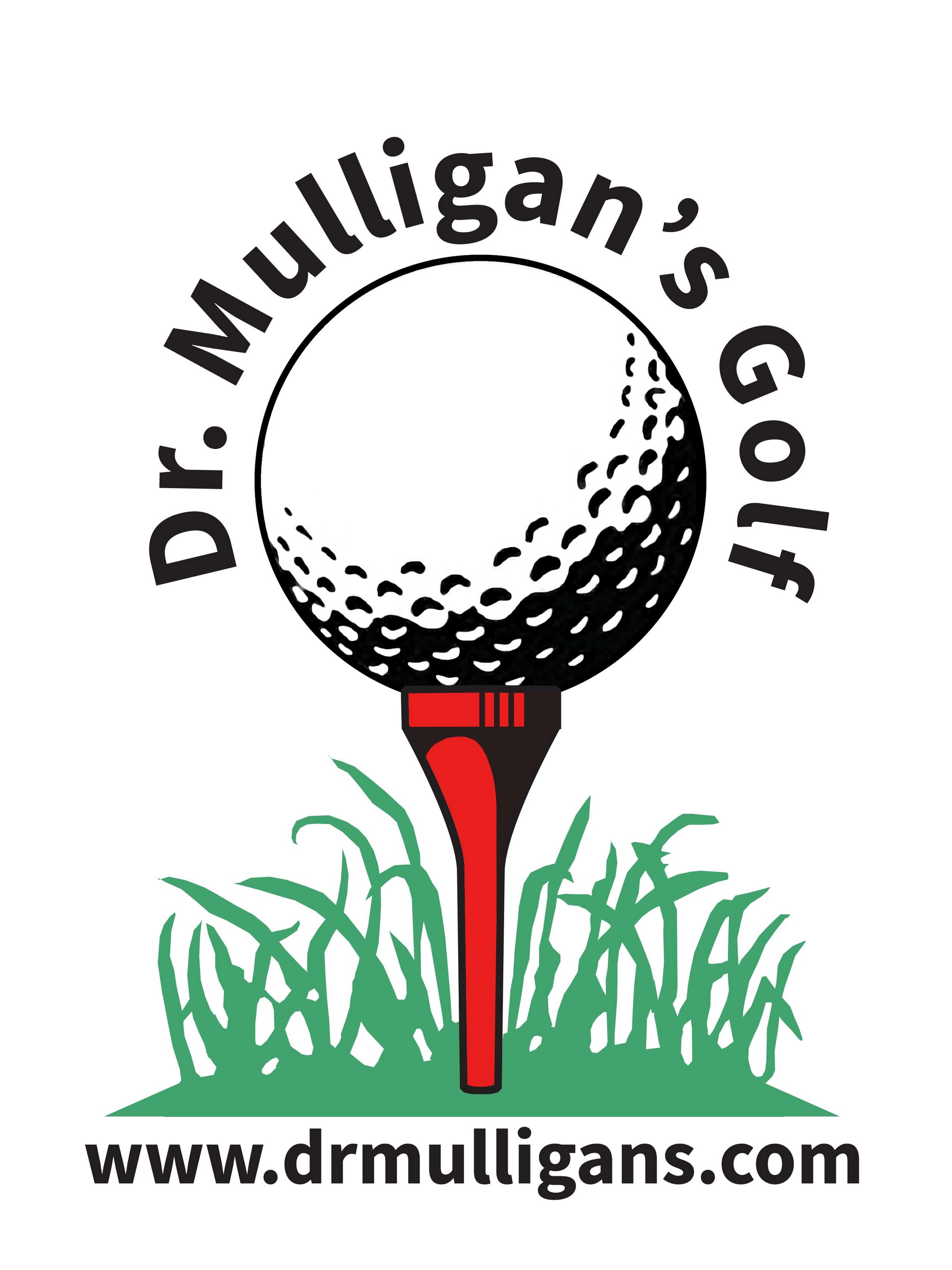 A logo for dr. mulligan 's golf with a golf ball on a tee