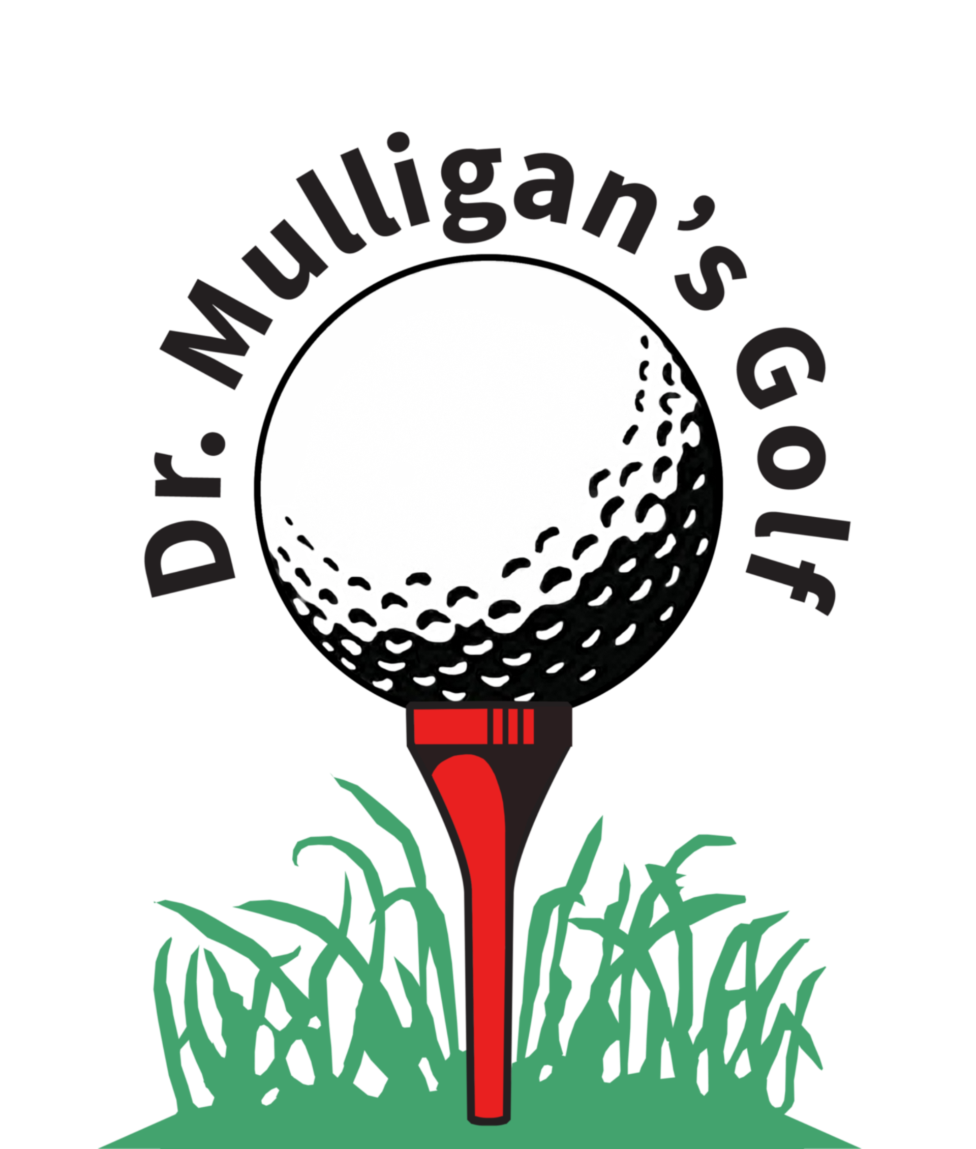 A logo for dr. mulligan 's golf with a golf ball on a tee