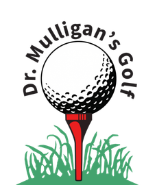 A logo for dr. mulligan 's golf with a golf ball on a tee