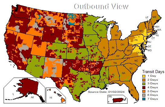 A map of the united states showing the outbound view