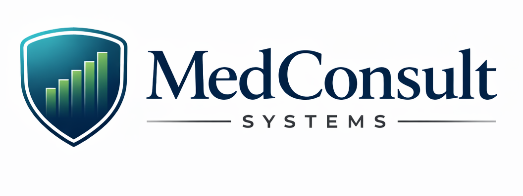 Logo of MedConsult Systems with a shield graphic and increasing bar graph.