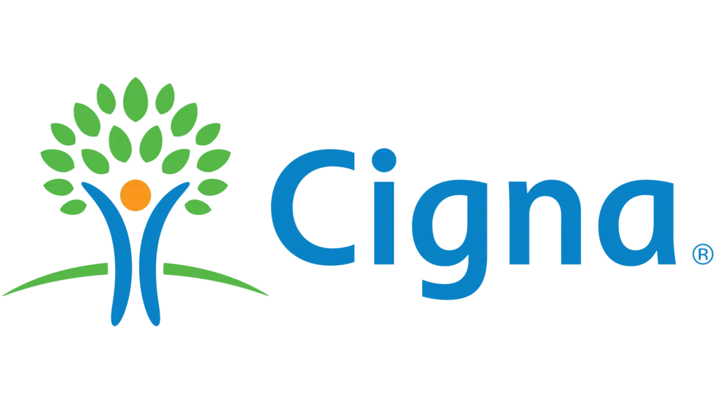 A cigna logo with a tree and a person in the middle.
